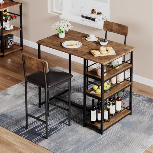 Danonlly Esstisch Bartisch Set mit 2 Stühlen, Theken Küchentisch Barhocker Esszimmertisch Set aus Metall und MDF mit 3 Ablagen für Aufbewahrung für Esszimmer Küche, 91.6 x 50 W x 91.6 cm (Vintage)