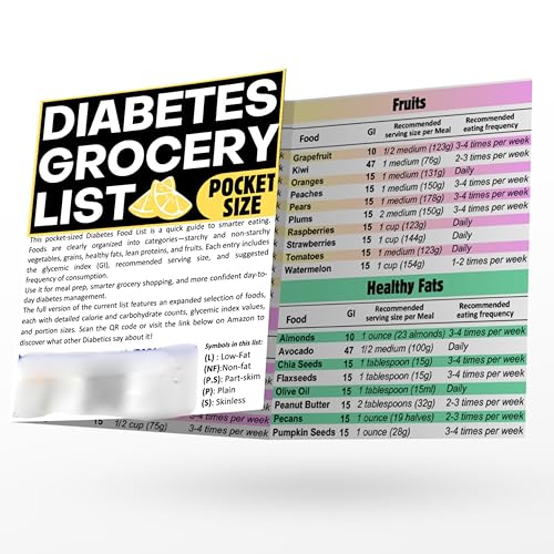 Diabetiker-Spickzettel, laminiert, bedruckbare Typ-2-Diabetes-Lebensmittelliste für Diabetiker-Mahlzeitenplanung und Lebensmitteleinkauf. Listet Lebensmittel mit niedrigem glykämischen Index auf