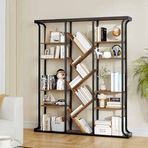 Hzuaneri Bücherregal, 3 Säulen 6 Tier Baumförmiges Bücherschrank, 17 Fächer offene unabhängige Regale, für Home-Office, Schlafzimmer, Wohnzimmer, 24 x 156 x 180 cm Vintage Braun-Schwarz BC53201B