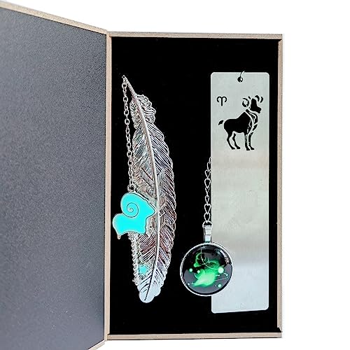 2 Lesezeichen Konstellation Feder Metall Fluoreszenz, Geschenk Leseratten Bookmark, Lesezubehör Geschenk, Set Lesezeichen für Abschlusssaison, Weihnachten, Geburtstag, Muttertag, Bookworm-Widder