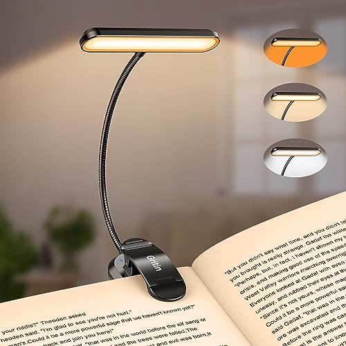 Gritin Leselampe Buch Klemme mit 19 LEDs, Buchlampe mit 3 Farbtemperatur Modi & 5 Helligkeit Dimmbar, USB Wiederaufladbare Klemmlampe, 360° Flexibel Leselicht für Nachtlesen ins Bett (Schwarz)