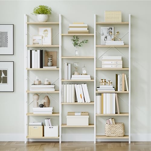 Hzuaneri Bücherregale, Standregale, Regal mit 17 Fachböden, 6 Etagen, Verstellbarer Abstand, 24 x 152 x 186 cm, Tragfähigkeit 340 kg, Wohnzimmer, Büro, Weißeiche und Weiß BC10116W