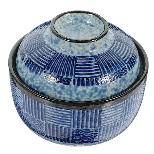 PEPLAYTAL Japanische Keramik Suppenschüssel mit Deckel und Löffel Hitzebeständig Mikrowellengeeignet Dickwandige Ramen Schale für Heiße und Kalte Speisen Teiliges Stilvolles Design