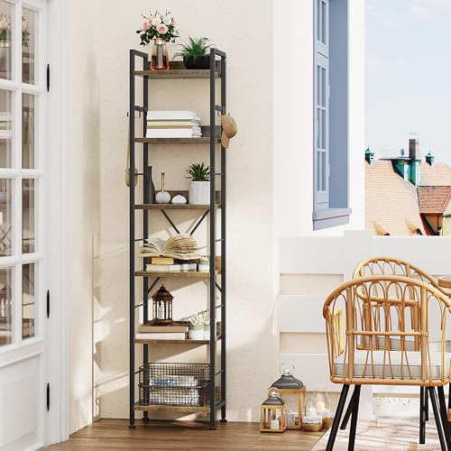 YITAHOME Bücherregal mit 6 Ebenen, bodenstehendes Bücherregal mit 4 Haken, Holzregal und Metallrahmen, Bücherregal, industrielles Hochregal, Aufbewahrung für Wohnzimmer, Heimbüro, Vintagebraun