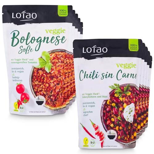 LOTAO vegane Mix-Box: 5x Chili sin Carne Bowl + 5x Bolognese Sauce in Bio-Qualität, nur natürliche Zutaten | Vegane Lebensmittel ohne Konservierungsstoffe + Geschmacksverstärker, lange haltbar