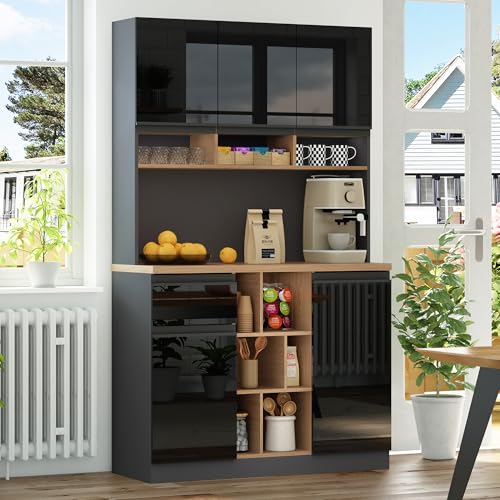 Emmtore Küchenschrank, Buffet, Sideboard, Hochglanztüren, Metallgriffe,verstellbare Regale,Schubladen,offener Stauraum,Kippschutz,für Küche Esszimmer 105×45×185 cm (Schwarz)