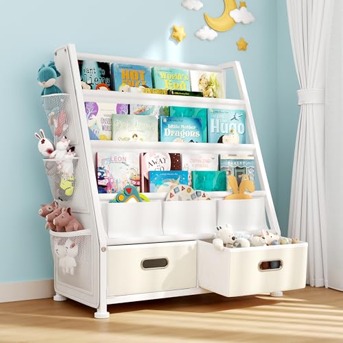 GoTiling Kinder Bücherregal Kinderzimmer Spielzeugregal: Bücherregal mit 2 Aufbewahrungsboxen und 3 Ablagen, Spielzeug-Organizer für Kindergarten, Spielzimmer, Weiß
