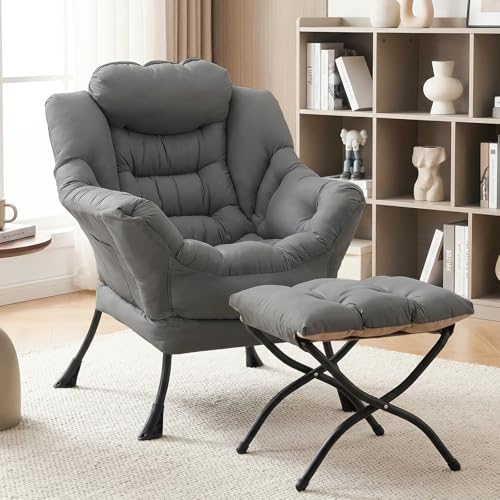 Clevich Ohrensessel mit Hocker, Lazy Chair, Moderner Sessel Wohnzimmer mit Seitentasche & Fußstütze, Lesesessel, Bequem Loungesessel für Wohnzimmer, Schlafzimmer, Schlafsaal, Büro (Dunkelgrau)