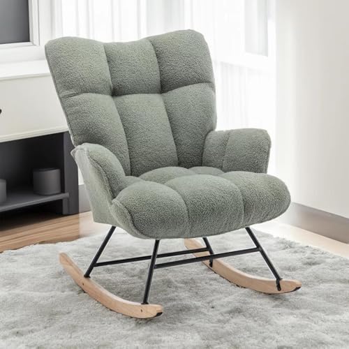 Aunekiv Schaukelstuhl, Stillsessel Schaukelsessel, Teddystoff Gepolsterter Schwingsessel Lesesessel Relaxstuhl Sessel mit Holzkufen, Armlehne, für Wohnzimmer, Schlafzimmer, Babyzimmer, Grün