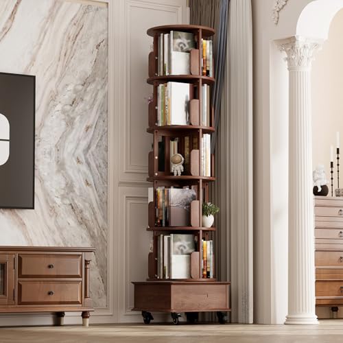 Vockol Drehbares Bücherregal aus Massivholz mit 1 Schublade, Rollende Bücherregale auf Rädern, Platzsparendes Drehendes Bücherschrank Turm für Wohnzimmer, Schlafzimmer, 185 x 47,5 x 47,5 cm, Walnuß