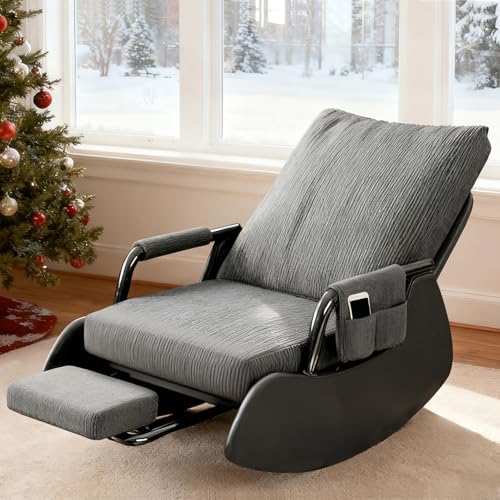 Cozykimo Schaukelsessel mit Hocker, Schaukelstuhl mit fußstütze Wohnzimmer, 3-Fach Verstellbare Rückenlehne, Stillsessel Lesesessel Relaxstuhl mit Seitentaschen & PU fürs Schlafzimmer Balkon (Grey)