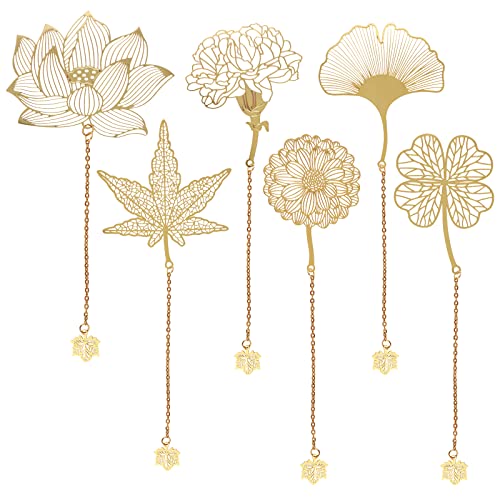 AIEX 6 Stück Metall Lesezeichen Gold mit Kette, Goldene Leaf Lesezeichen Exquisite Metall Lesezeichen Ginkgo Nelke Blume Ahornblatt für Buchliebhaber Leser Teens Damen Herren