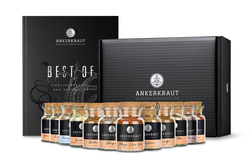 Ankerkraut Best of Kochbuch-Set mit 12 Korkengläsern, 1000g Gewürze plus Kochbuch, einfache Rezepte zum Nachkochen, Bundle zum Verschenken, ausgewählte Top-Seller