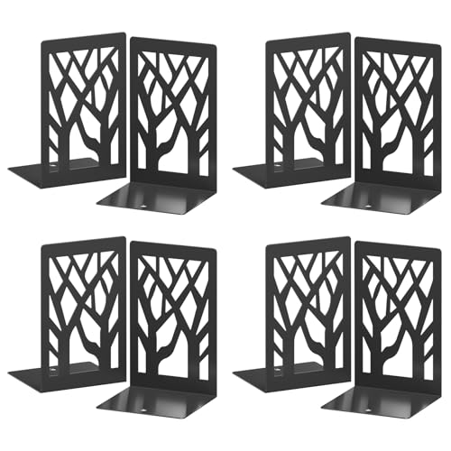 VFINE Buchstützen aus Metall - 8 Stück Baum Design Buchstützen für Regale, Schwarze Buchstützen für Schreibtisch, Bücherregal Buchstützen Dekoration, Stilvolle Metall Buchstützen für Zuhause oder Büro