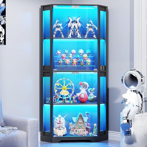 BROTTAR Eckvitrine mit Glastüren, Tall 165cm Eck Bücherregal mit 3 Farben Led Beleuchtung, 4-Ebenen Vitrinenschrank mit Intelligente Sensorik für Wohnzimmer Schlafzimmer Büro, Schwarz