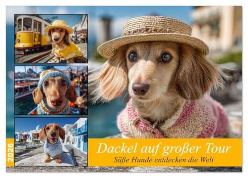 Dackel auf großer Tour - Süße Hunde entdecken die Welt (Wandkalender 2026 DIN A2 quer), CALVENDO Monatskalender: Hundekalender mit Dackeln auf ... Europa und darüber hinaus. (CALVENDO Tiere)