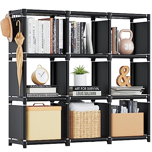 Bücherregal mit Fächern,würfelregal aufbewahrungsregal regalsystem,bookshelf, cube shelf für Schlafzimmer,Wohnzimmer, Home Office,Zur Aufbewahrung von Büchern, Kleidung,Spielzeug (Schwarz, 9 Gitter)