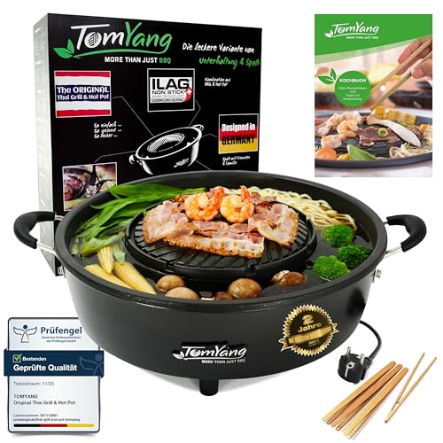 TomYang Hot Pot Set ink.Kochbuch für den Original Thai Grill & Hotpot, 4 Grillzangen, Elektrischer Hotpot mit schneller Aufheizzeit, Korean BBQ Grill, Mookata, mehr als 100 Anleitungsvideos