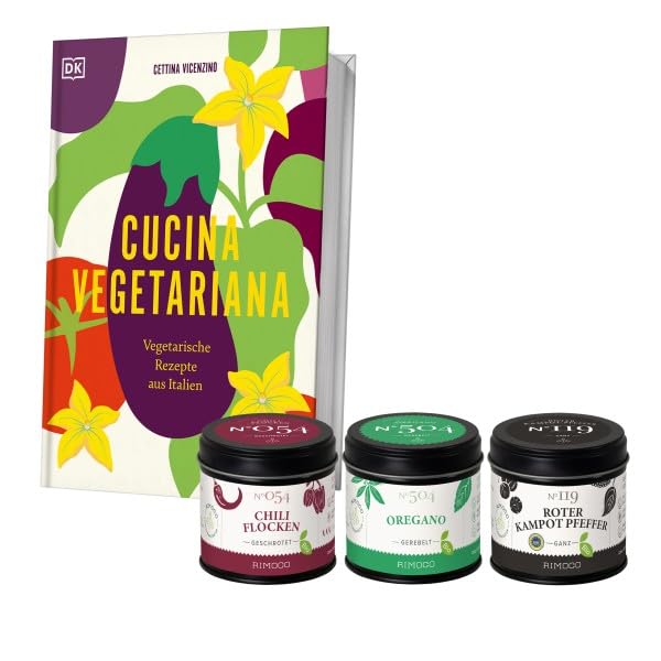 Rimoco Gewürze Geschenkset aus Gewürzen + Das Kochbuch 'Cucina Vegetariana' - bestehend aus Chiliflocken N°054, Bio Kampot Pfeffer rot N°119 und Bio Oregano N°504