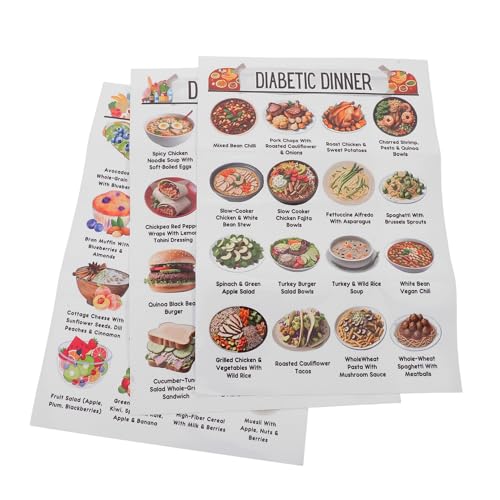 BESTonZON 3 Stück Diabetes Ernährungsplaner Poster mit Lebensmittelliste für Prädiabetes Speiseplan Frühstück Mittag Abendessen Diabetiker Einkaufsplaner für Gesunde Ernährung