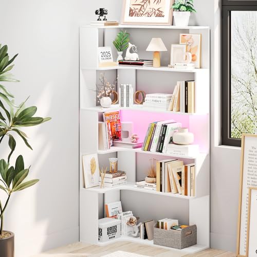 Saitedudu 5-stöckiges Bücherregal mit LED-Beleuchtung, L-förmige Bücherregale und Vitrinen,Eckregale aus Holz, 90x48x170cm (Weiß)