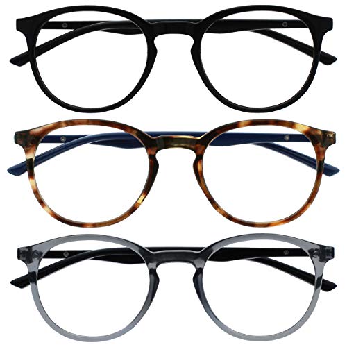 OPULIZE Met Lesebrille 3er Pack Schlank Runder Rahmen Federscharniere Kratzfest Schwarz Braun Transparent Grau Herren Damen RRR60-127 +2.00