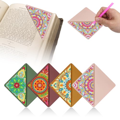 Syunyin 4 Stück Diamond Painting Lesezeichen mit Zubehör, 5D Diamantmalerei Lesezeichen für Erwachsene und Kinder, Bunte Leder Mandala Lotus Lesezeichen Bookmark (Mandala A)