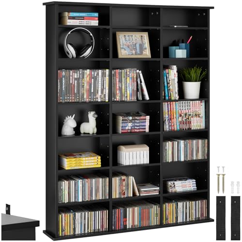 tectake® CD Regal, DVD Ständer, Medienregal, Raumteiler Schrank Mit Kippschutz, 18 Einstellbare Zwischenböden, Manga Aufbewahrungssystem - Schwarz