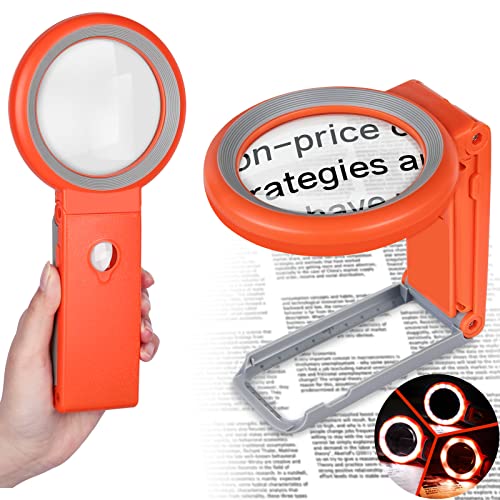Lupe mit Licht und Ständer 30 Fach 40 Fach, Faltbarem Leselupe mit 18 LED - 3 Beleuchtungsmodi, Dimmable Groß Glas Handlupe Tischlupe für Senioren, Kinder, Lesen - mit Linsentuch（Rot