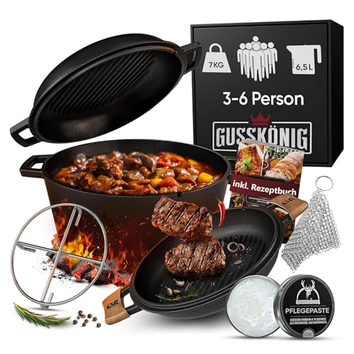 GUSSKÖNIG Dutch Oven–2in1 Eingebrannter Gusseisen Topf 4,8 L & Gusspfanne 1,8 L–Dutch Oven Set mit Schmortopf Doppelfunktion–Ringreiniger, Pflegepaste, Untersetzer, Echtleder Griffen–30 Jahre Garantie