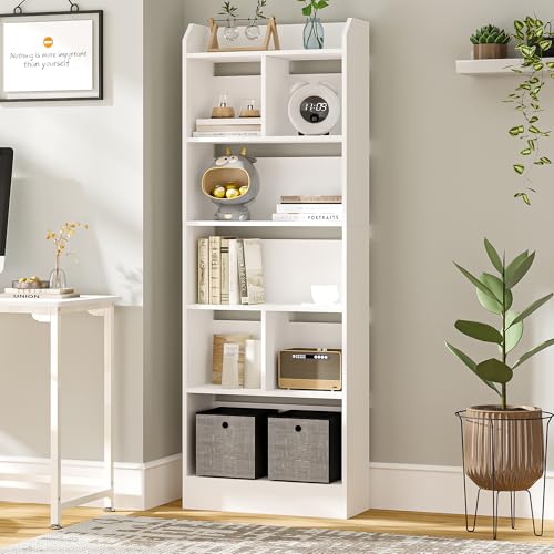 Hzuaneri Bücherschrank, Bücherregal, mit 6 Fächern, Aufbewahrungsregal, Standregal, für Wohnzimmer, Büro, Schlafzimmer, 24 x 60 x 170 cm, Weiß BC11103X