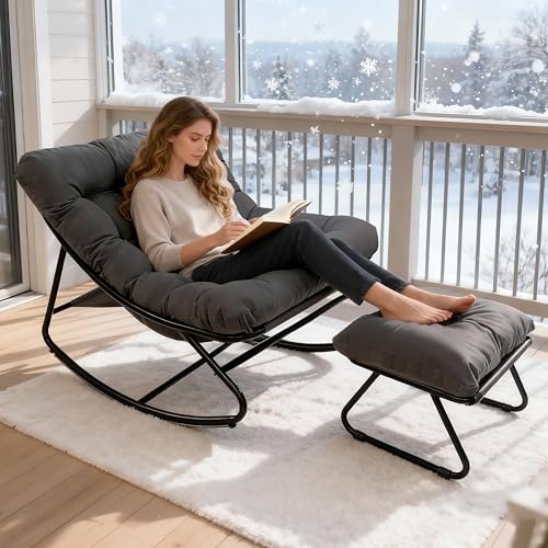 AlpineAura Schaukelstuhl mit Hocker Garten Schaukelsessel Relaxstuhl Wohnzimmer Lesesessel mit Gepolsterter, Schwingsessel Patio, bis 150 kg, für Garten, Hof, Schlafzimmer