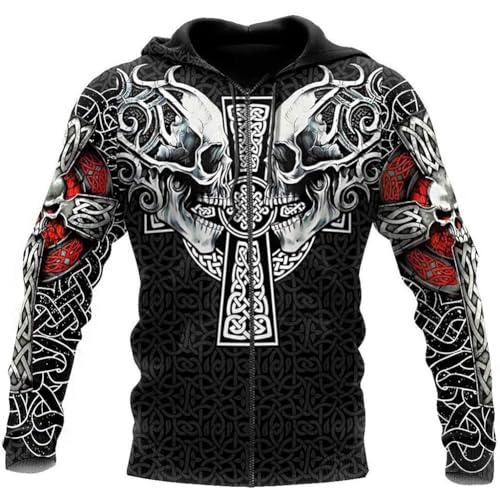 Nordic Keltischer Knoten Schädel Sweatshirt, Herren Outdoor Punk Street Roman Hip Hop 3D Digitaldruck Reißverschluss Jacke, Isländischer Langärmeliger Kordelzug Party Hoodie(Zip jacket,4XL)