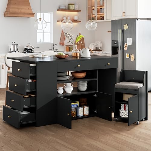 Zenithz Kücheninsel 140x40x89cm mit 2 Barhockern, Küchenschrank 6 Schubladen Stauraum, Breite verstellbar auf 70cm, Goldgriffe Arbeitsplatte, Weiß/Schwarz für Küche Esszimmer