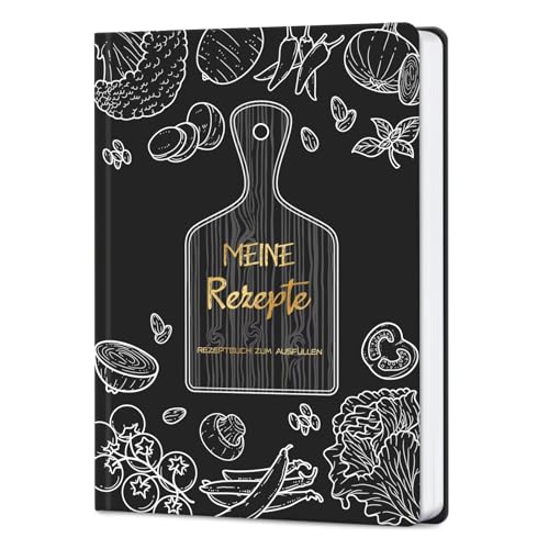 AITBOLFIT Rezeptbuch zum Selberschreiben A5 - Kochbuch selbst schreiben mit 150 Rezepten - inkl. Inhaltsverzeichnis, Buchmarkband & Tasche - praktisch & übersichtlich - ideales Geschenk(Schwarz)