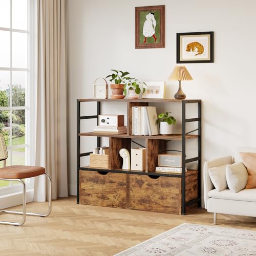 Dripex Bücherregal mit 2 Schubladen, Bücherschrank mit 7 Fächern aus Holz und Metallrahmen Standregal Würfelregal für Schlafzimmer Wohnzimmer Arbeitszimmer Büro 33 x 100 x 90 cm Industrie-Design