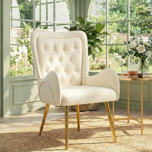 Hellove Ohrensessel mit Golden Metallbeinen, Luxuriös Leder Relaxsessel Wohnzimmer Bequemer Schminktisch Stuhl Polsterstuhl Armchair Sessel Lesesessel Loungesessel für LivingRoom Schlafzimmer Beige
