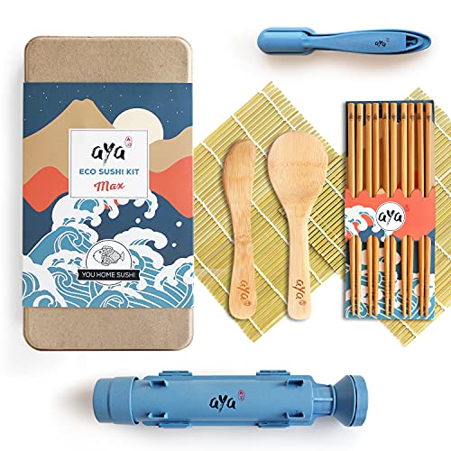 Sushi Making Kit – Original AYA Eco Sushi Kit MAX – komplett natürlich umweltfreundlich – biologisch abbaubarer Bambus – 2 SushiMatten – 5 Paar Essstäbchen – 1 Paddel – 1 Streuer – 1 Bazooka – 1