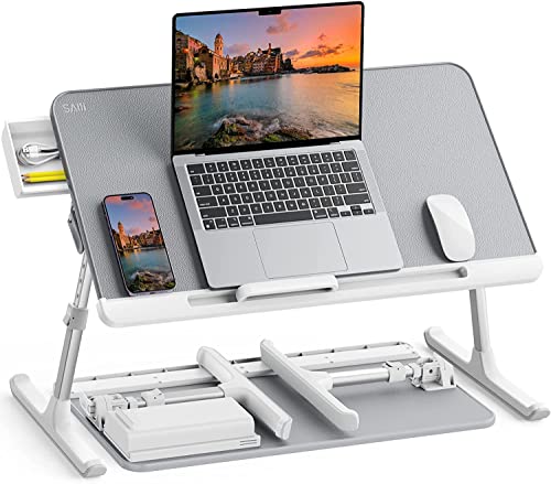 Tisch Bett, SAIJI 100% E0 Eco Holzplatte, Laptoptisch Höhe Winkel verstellbar, Rodelfüße leicht bewegen, PVC-Leder Desktop, Laptop Tisch für Lesen Essen Sofa Bett Couch (Grau 60 * 32cm)