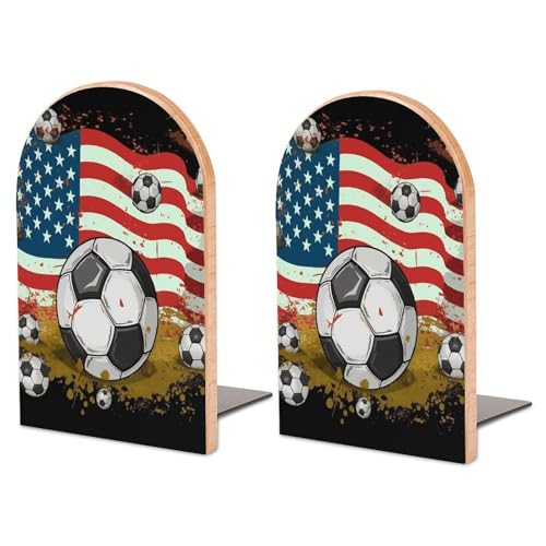 Fußball-Buchstützen mit USA-Flagge, für schwere Bücher, 1 Paar Buchstützen aus Holz mit Metallbasis, rustikale Buchstützen, Heimbüro-Dekor, rutschfeste stabile Buchhalter für Bücher und CDs