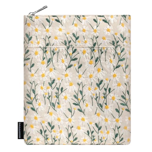 Dadanism Gänseblümchen Bestickte Buchhülle mit Reißverschluss, Buchtasche Buchschutz Buchliebhaber Geschenke buchige Geschenke Buchhülle mit Fronttasche für Hardcover Taschenbuch, Leser Lehrer, Beige