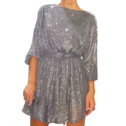 Pailletten-Kleider für Damen, Übergröße, langärmelig, Cocktailkleid, Taillenbindung, Wickelkleid, Perlen-Abendkleid, Party, Sommerkleid, lässig, Mini-Sommerkleid, Strandkleid, knielang, Sommerkleid