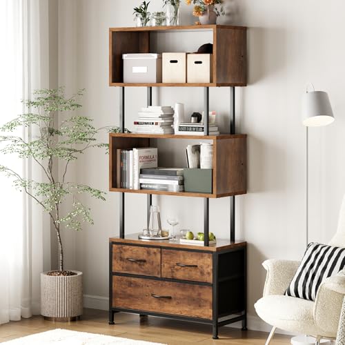 Coleshome Bücherregal, Regal mit 5 Etagen, Standregal mit 3 Stoffschubladen, Regal Schmal Geeignet für Schlafzimmer, Büro, Wohnzimmer, 60 x 24 x 155cm, Vintage-Farben