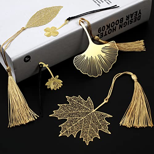 SONEER 5 Stück Metall Leaf Lesezeichen, Gold Bookmark mit Quasten Anhänger, Seitenmarker Geschenke für Lehrer, Studenten, Kinder, Leser, Freunde