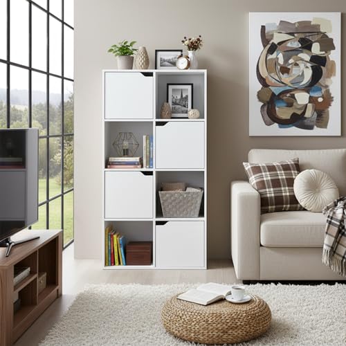 IPOTIUS Bücherregal für Arbeitszimmer Schlafzimmer & Wohnzimmer, Bücherschrank mit 4 Türen und 8 Fächer, Aufbewahrungsregal Standregal freistehend, Büroregal Aktenregal Ordnerregal, 60 x 30 x 120 cm