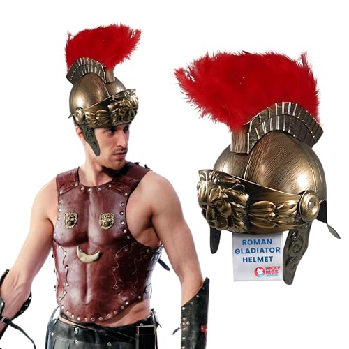 Nicky Bigs Novelties Römischer Helm für Erwachsene mit roten falschen Federn, griechische Gladiatorenfedern, Trojaner-Helm, Gold, Einheitsgröße