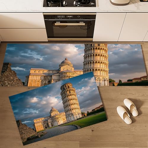Gelb Küchenteppiche 2 Stück Romanische Architektur rutschfest Waschbar Küchenläufer Flurläufer, Schiefer Turm Von Pisa Bodenmatte für Küche Badezimmer Wohnzimmer Flur, 40x60cm+40x120cm