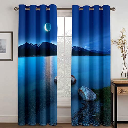 SHATOS Vorhänge Mit Ösen Küche Kinderzimmer Vorhang Blickdicht 2Er Set 3D Blauer Ozean Mondstein Muster Fenster Gardinen H 160 X B 200 cm Kinder Schlafzimmer Kälteschutz Ösenvorhang