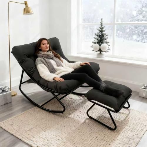 Schaukelsessel, Schaukelstuhl mit Hocker, Relaxstuhl mit Gepolstertem Kissen, Schaukelstuhl Wohnzimmer bis 150 kg Belastbar, Schaukelliege Outdoor Innen für Garten, Schlafzimmer, Terrasse (Schwarz)