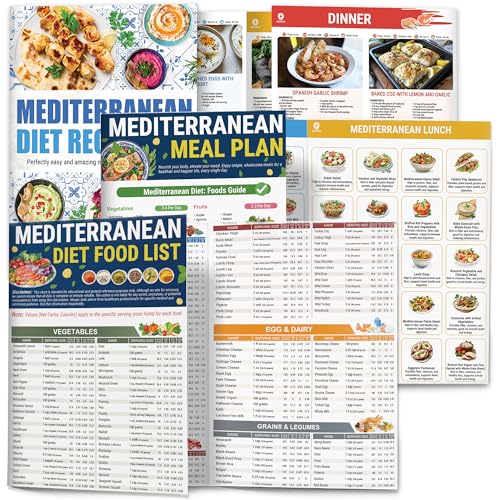 Set 3 Mediterrane Diättabelle Lebensmittelliste 2025, Mediterrane Zutaten-Mahlzeitenplan, Serviergrößen Kalorien Netto-Kohlenhydrate, Gewichtsverlust-Diät, Diabetes-freundlich, herzgesund, einfache